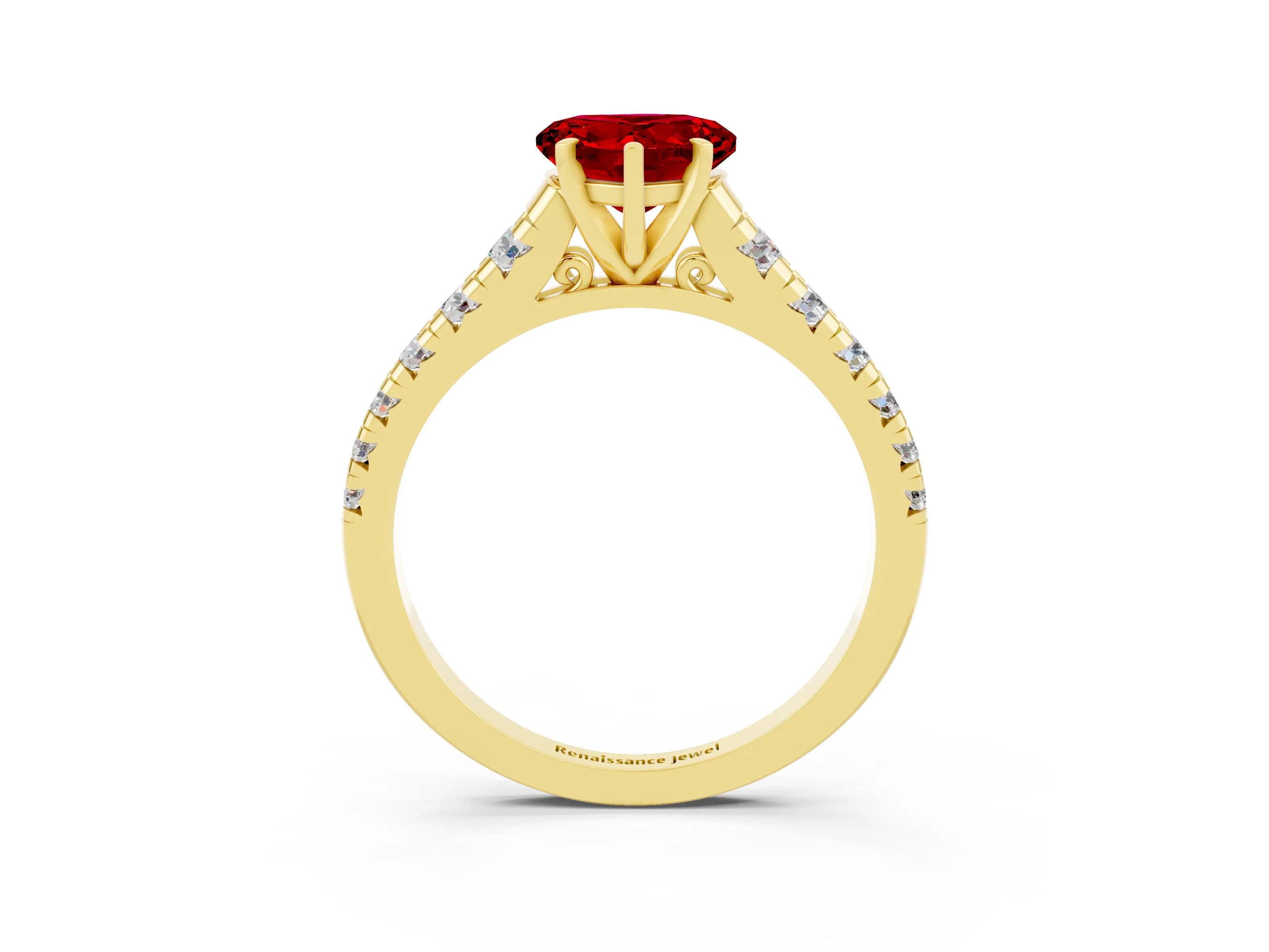 Yellow gold Heart Cut Ruby Solitaire Ring with Cathedral Setting and Pavé Band_3