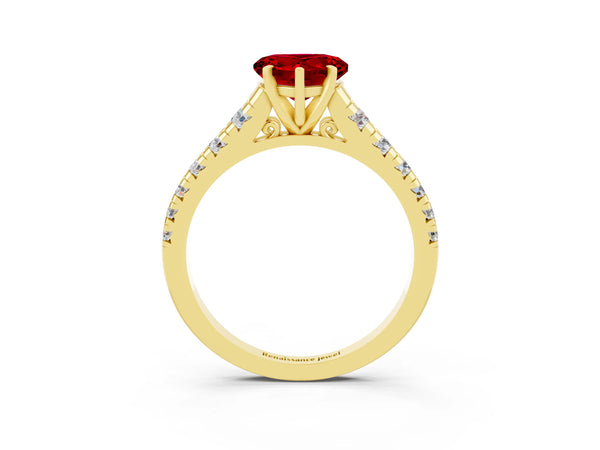 Yellow gold Heart Cut Ruby Cathedral Solitaire Ring with Round  Pavé Band