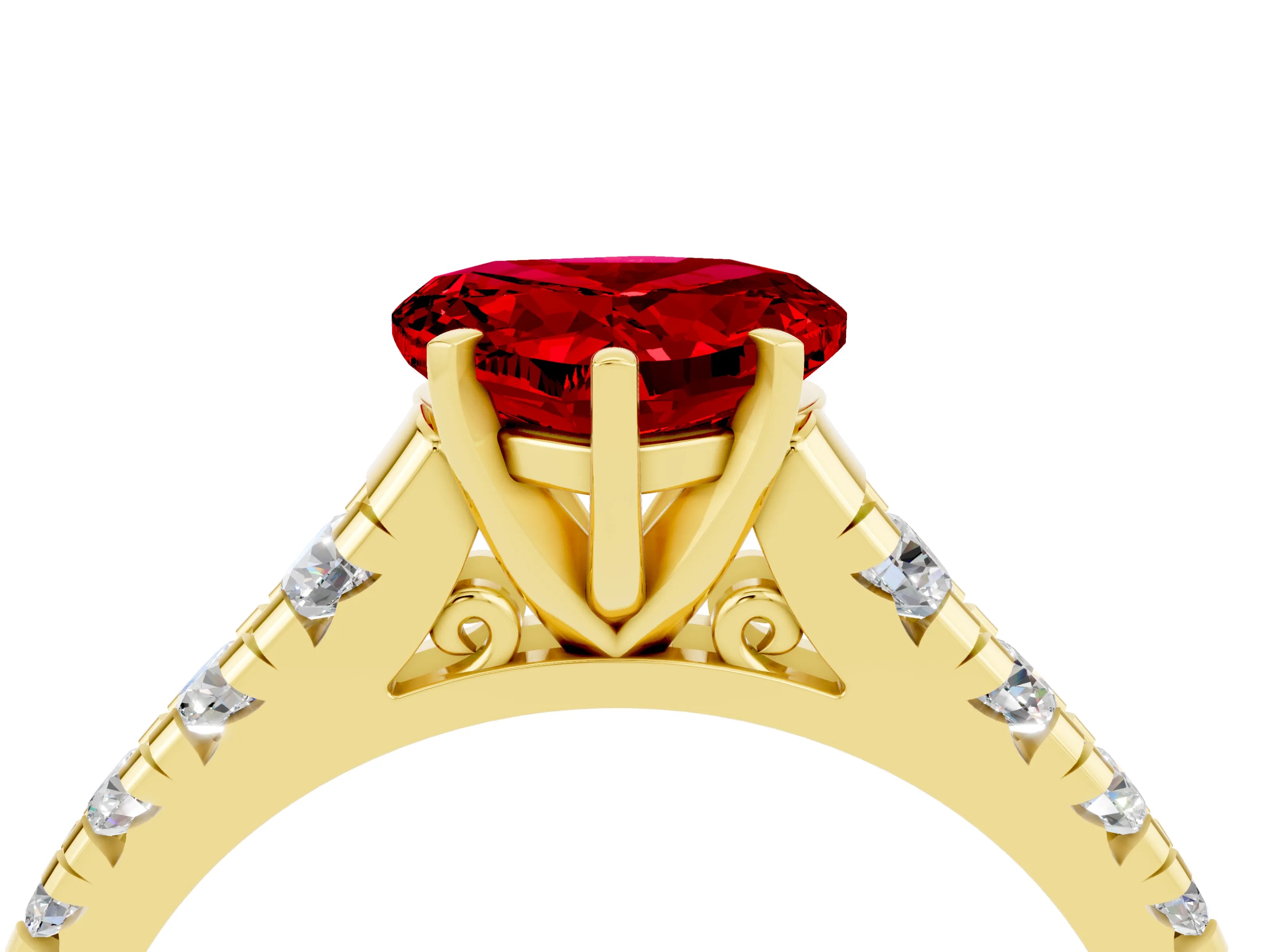 Yellow gold Heart Cut Ruby Solitaire Ring with Cathedral Setting and Pavé Band_4