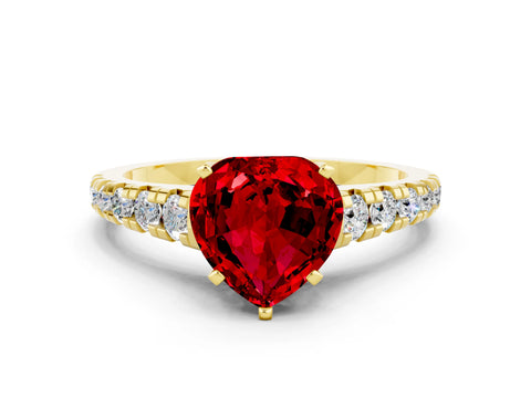 Yellow gold Heart Cut Ruby Solitaire Ring with Cathedral Setting and Pavé Band