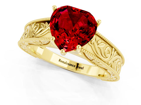 Yellow gold Heart Cut Ruby Solitaire Ring with Engraved Band and Four-Prong Setting_1