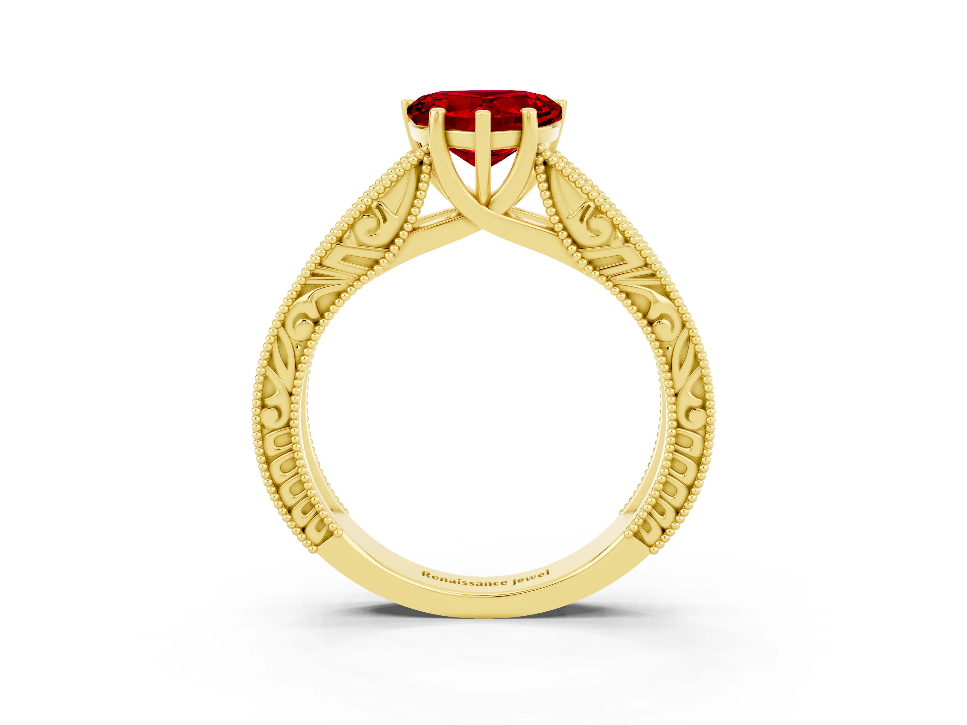 Yellow gold Heart Cut Ruby Solitaire Ring with Engraved Band and Four-Prong Setting_3