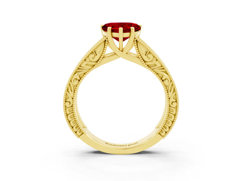 Yellow gold Heart Cut Ruby Solitaire Ring with Engraved Band and Four-Prong Setting_3