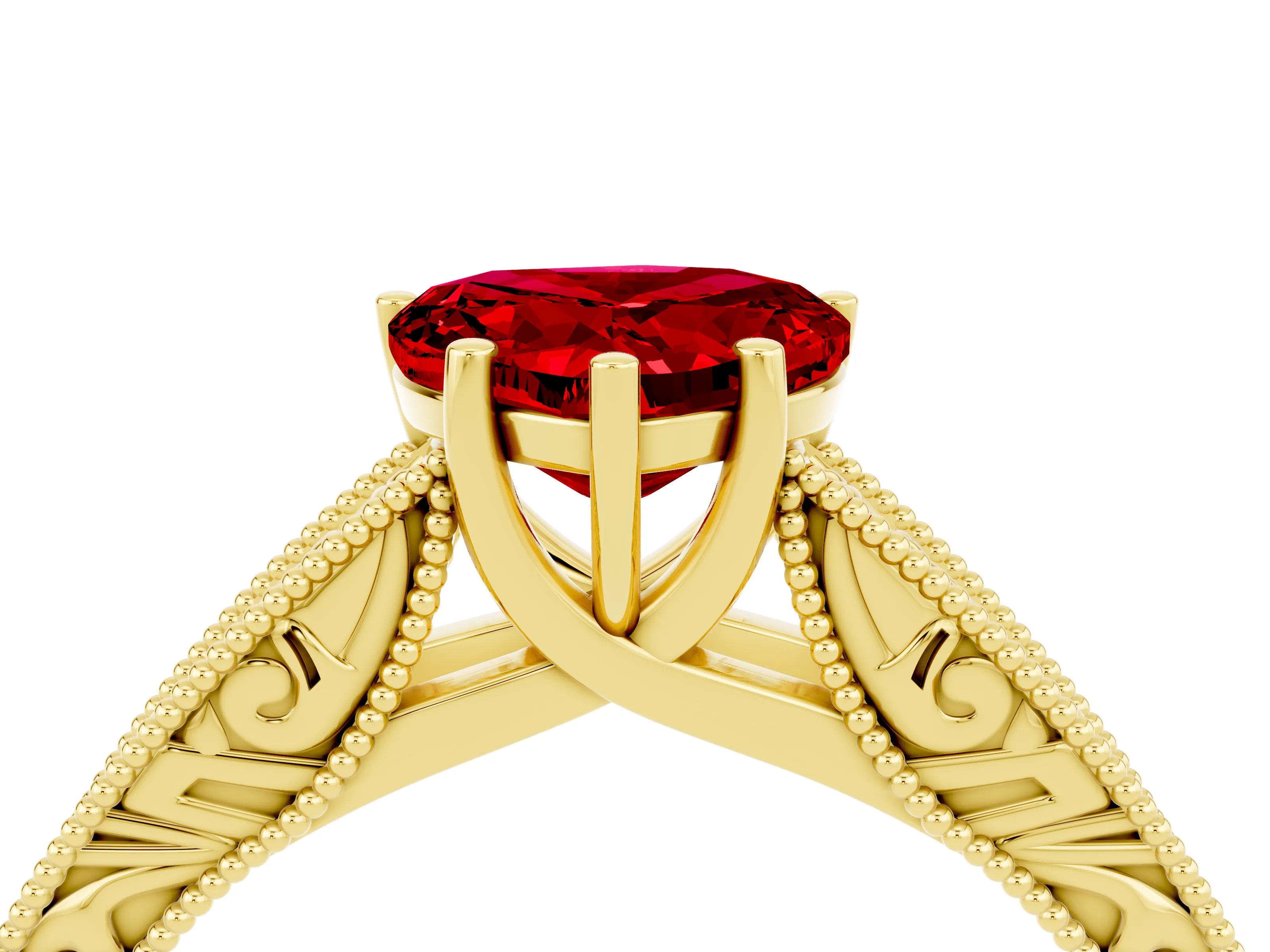 Yellow gold Heart Cut Ruby Solitaire Ring with Engraved Band and Four-Prong Setting_4