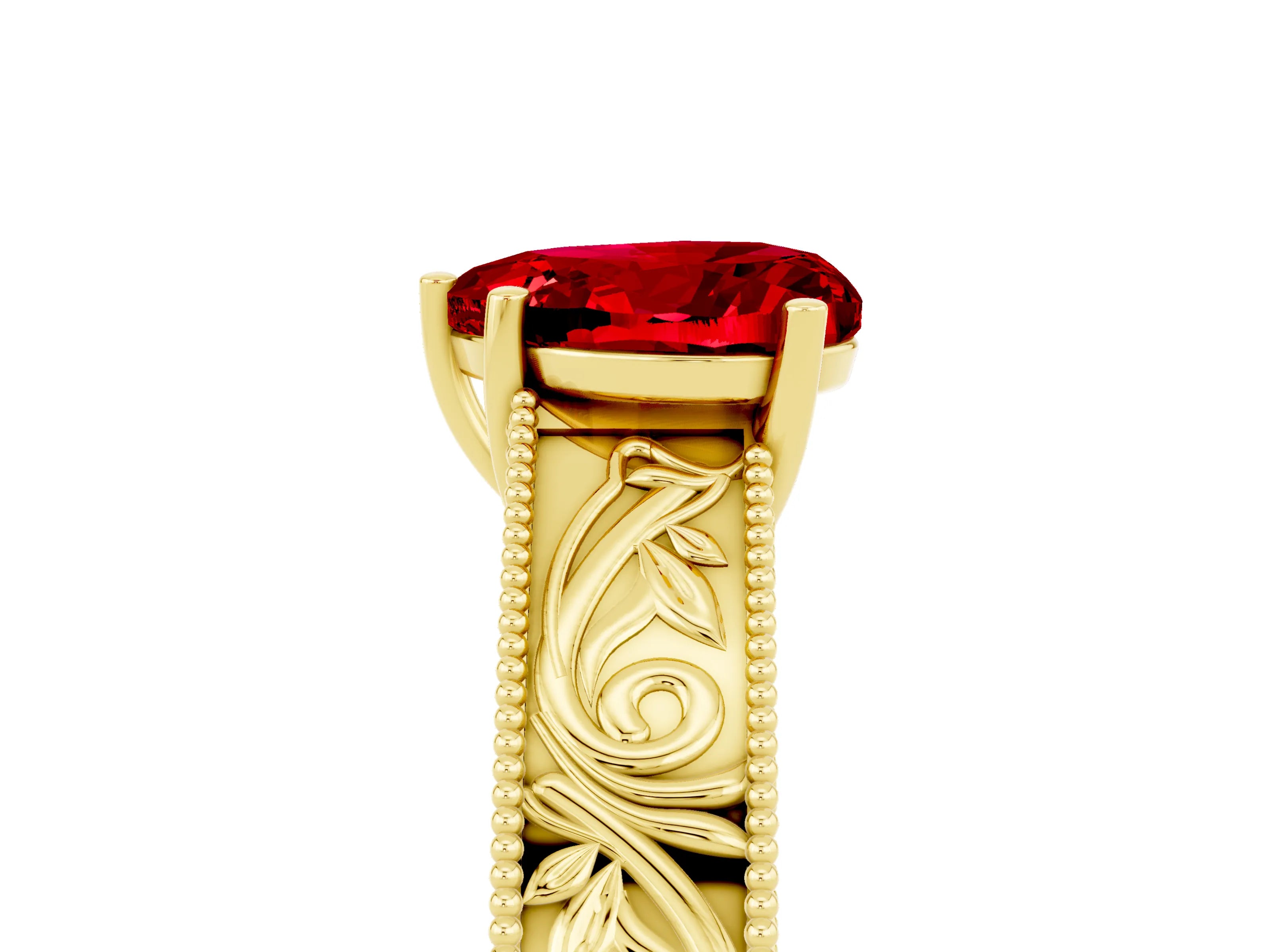 Yellow gold Heart Cut Ruby Solitaire Ring with Engraved Band and Four-Prong Setting_5