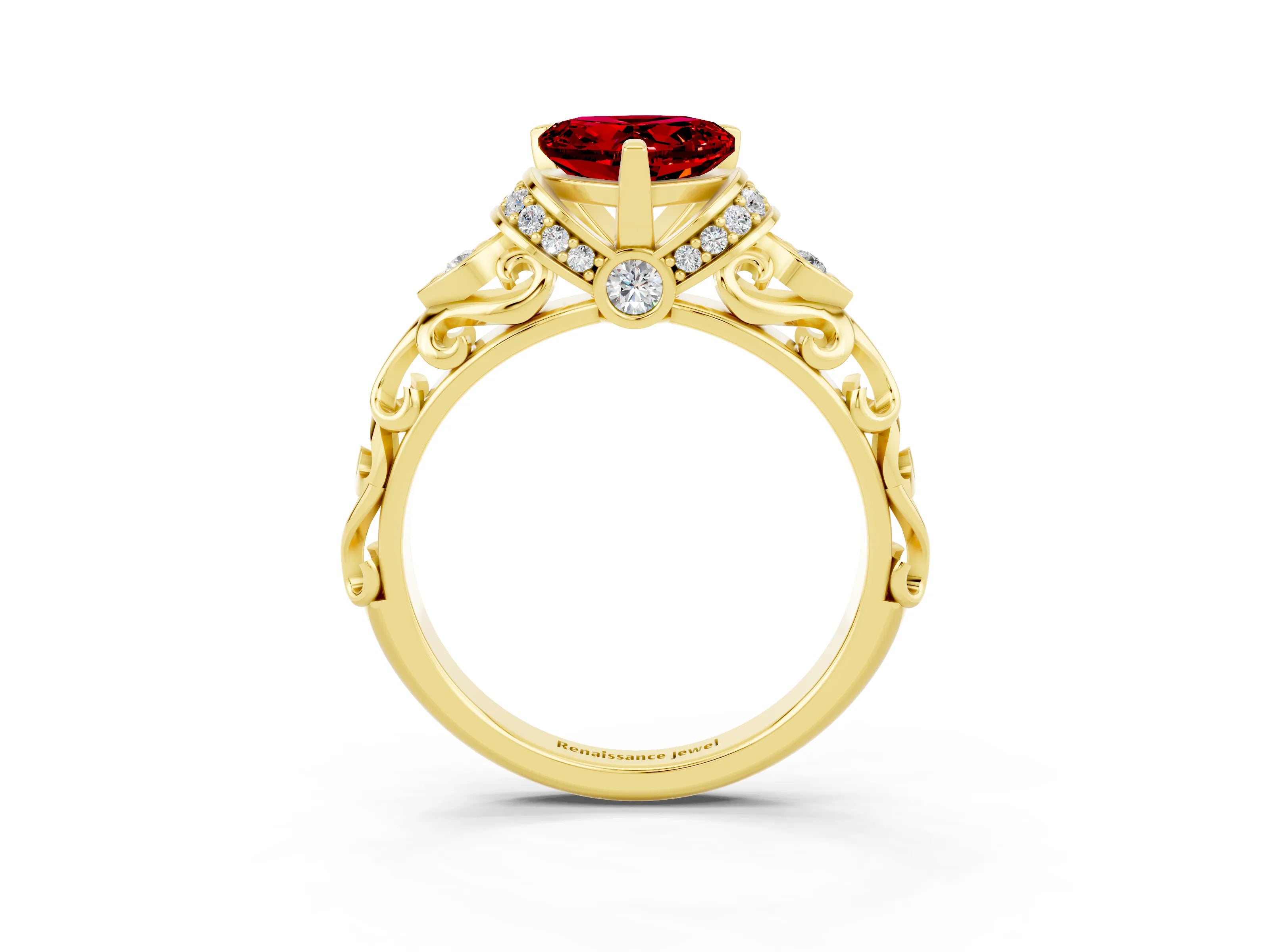 Yellow gold Heart Cut Ruby Solitaire Ring with Filigree Band and Four-Prong Setting_27
