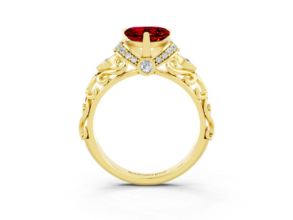 Yellow gold Heart Cut Ruby Solitaire Ring with Filigree Band and Four-Prong Setting