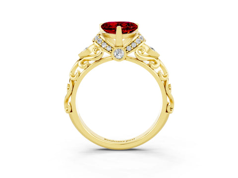 Yellow gold Heart Cut Ruby Solitaire Ring with Filigree Band and Four-Prong Setting_27