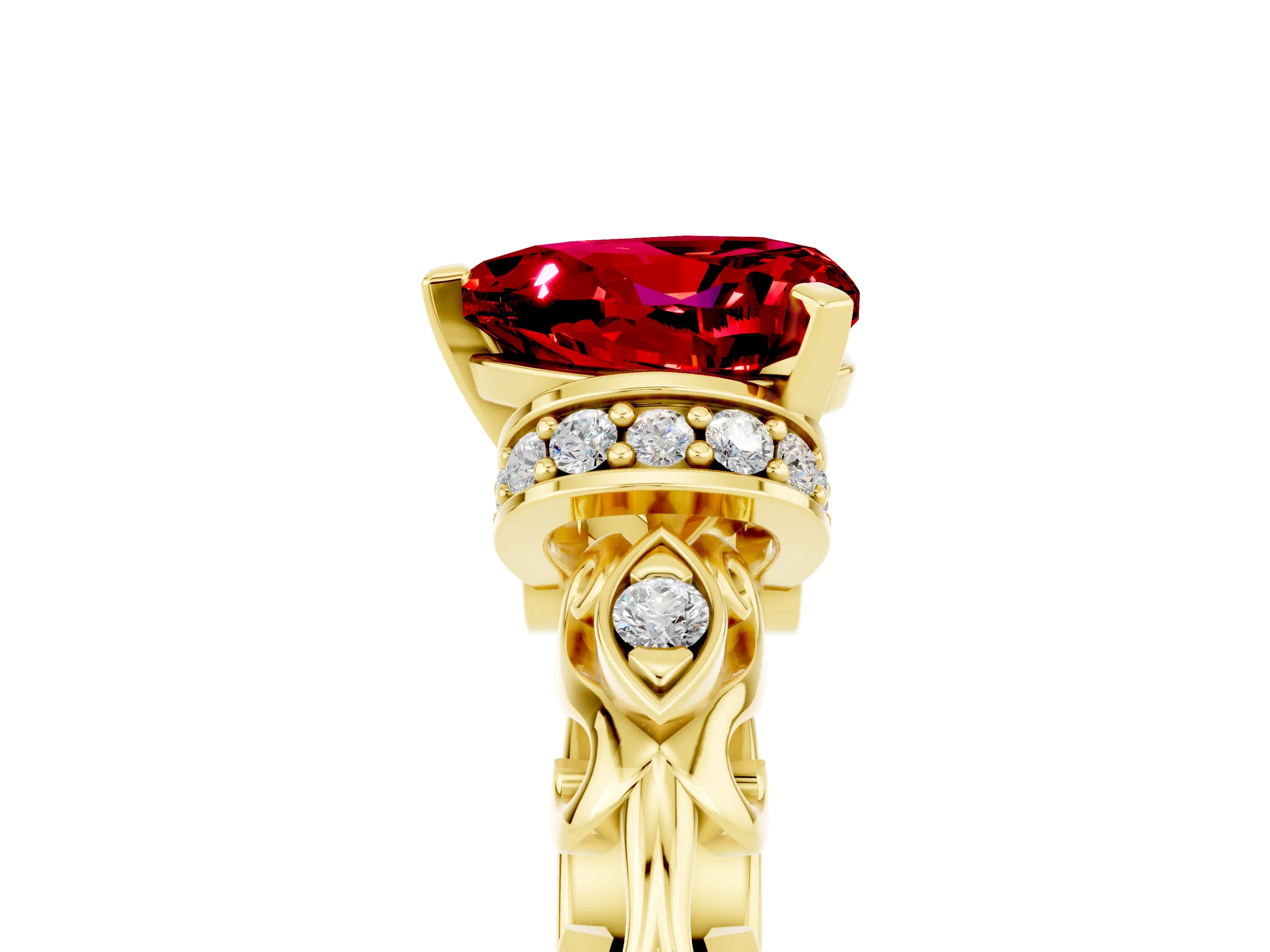 Yellow gold Heart Cut Ruby Solitaire Ring with Filigree Band and Four-Prong Setting_29