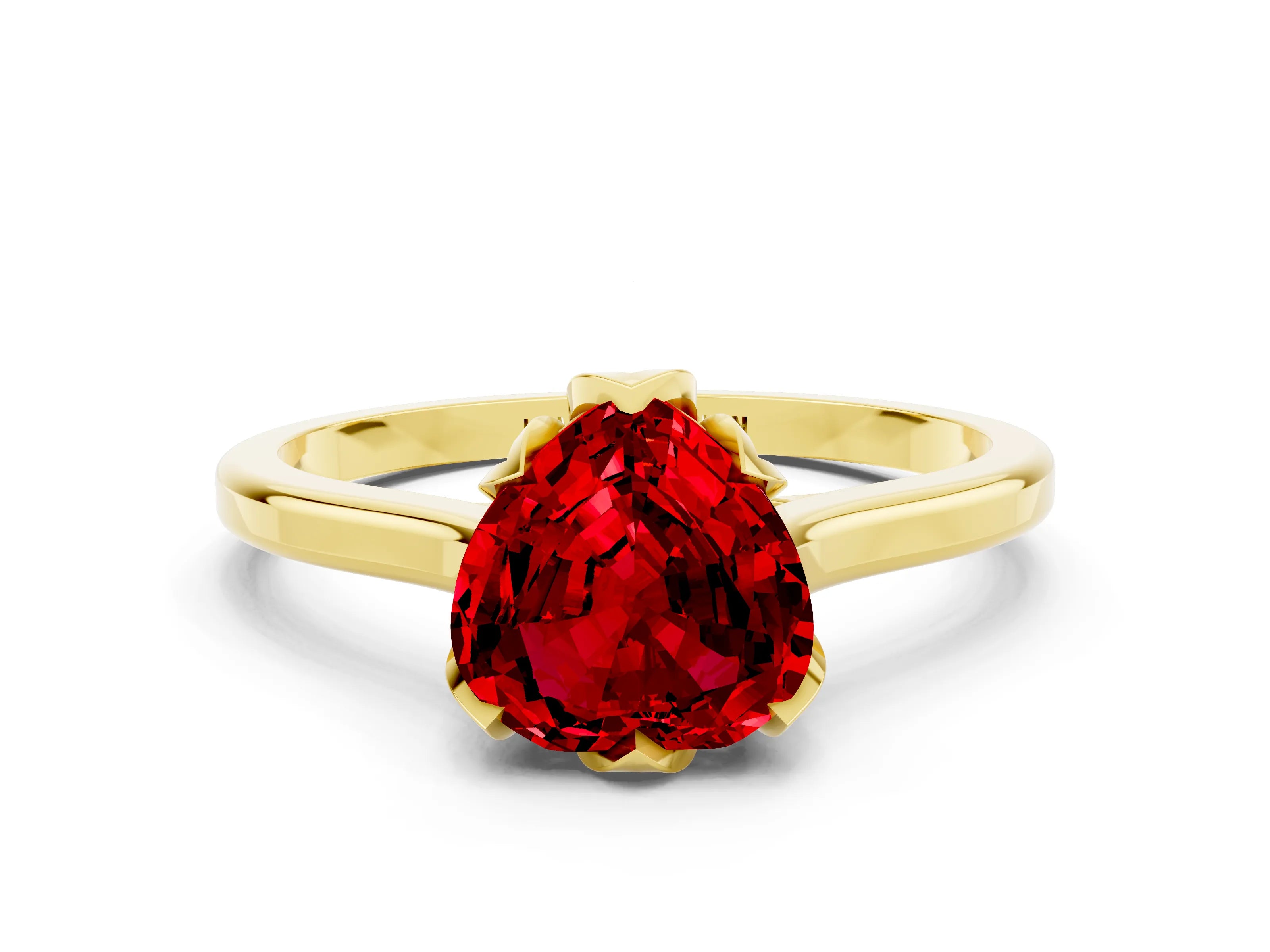 Yellow gold Heart Cut Ruby Solitaire Ring with Flower Prong Setting and Classic Band_12