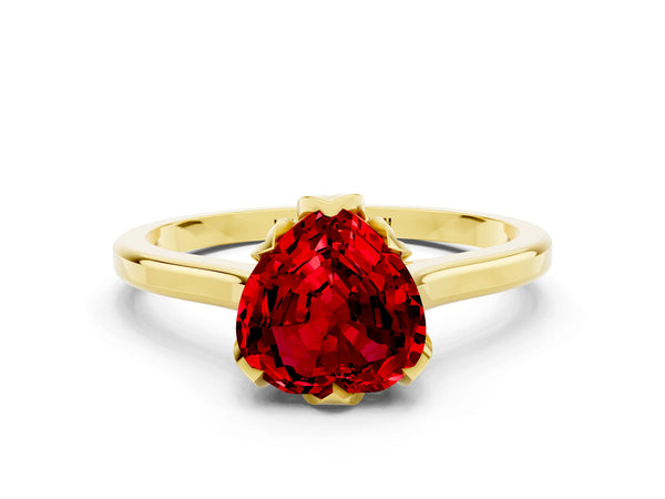 Yellow gold Heart Cut Ruby Solitaire Ring with Flower Prong Setting and Classic Band