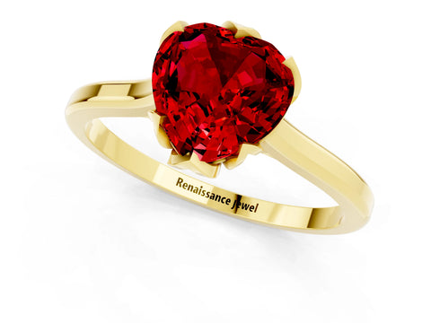 Yellow gold Heart Cut Ruby Solitaire Ring with Flower Prong Setting and Classic Band_13