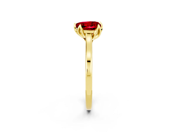 Yellow gold Heart Cut Ruby Solitaire Ring with Flower Prong Setting and Classic Band