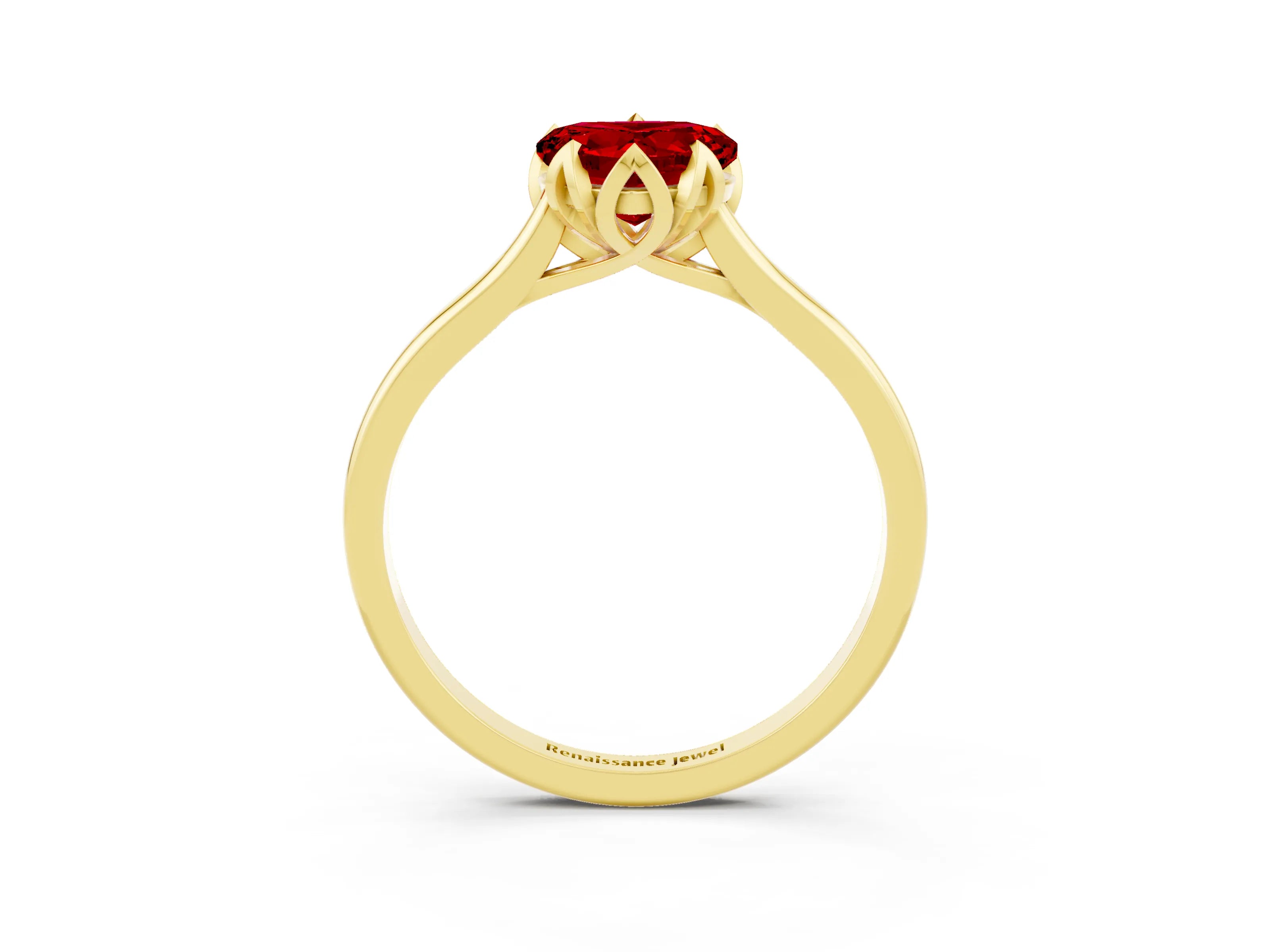 Yellow gold Heart Cut Ruby Solitaire Ring with Flower Prong Setting and Classic Band_15
