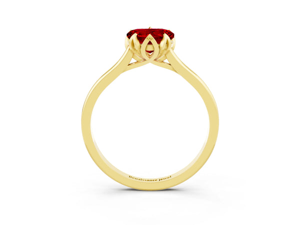 Yellow gold Heart Cut Ruby Solitaire Ring with Flower Prong Setting and Classic Band