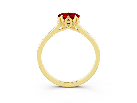 Yellow gold Heart Cut Ruby Solitaire Ring with Flower Prong Setting and Classic Band_15