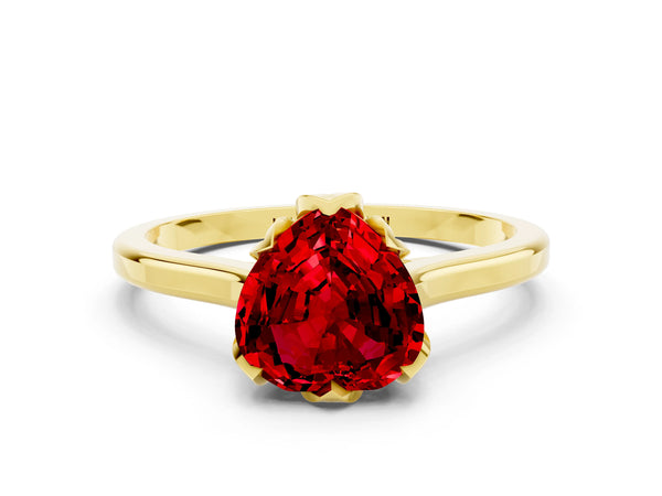 Yellow gold Heart Cut Ruby Solitaire Ring with Flower Prong Setting and Classic Band