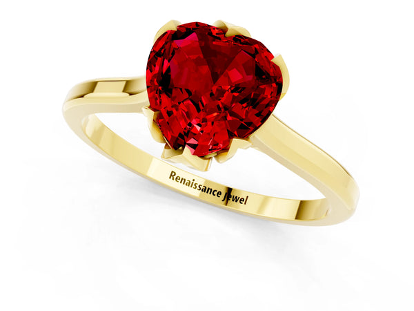 Yellow gold Heart Cut Ruby Solitaire Ring with Flower Prong Setting and Classic Band