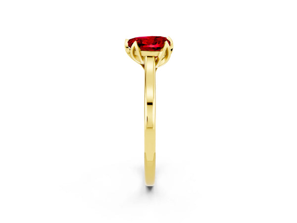 Yellow gold Heart Cut Ruby Solitaire Ring with Flower Prong Setting and Classic Band