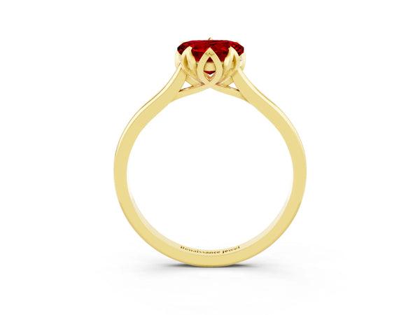 Yellow gold Heart Cut Ruby Solitaire Ring with Flower Prong Setting and Classic Band