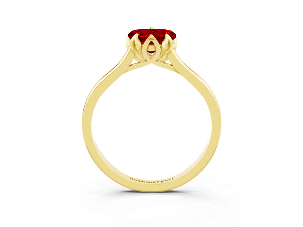 Yellow Gold Heart-Shaped Lab-Grown Ruby Floral Solitaire Engagement Ring with Plain Band
