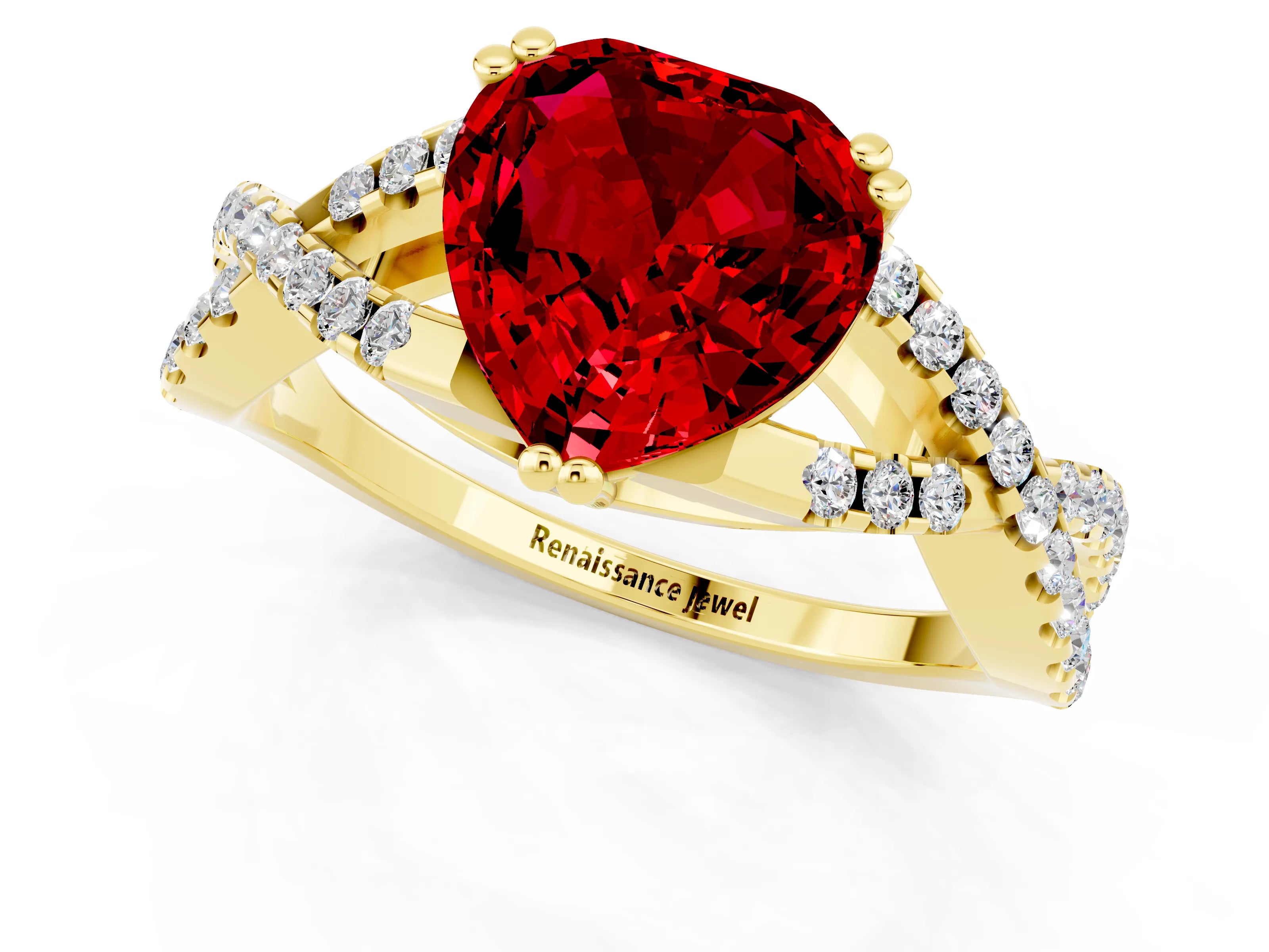 Yellow gold Heart Cut Ruby Solitaire Ring with Four-Prong Setting and Twisted Pavé Band_1