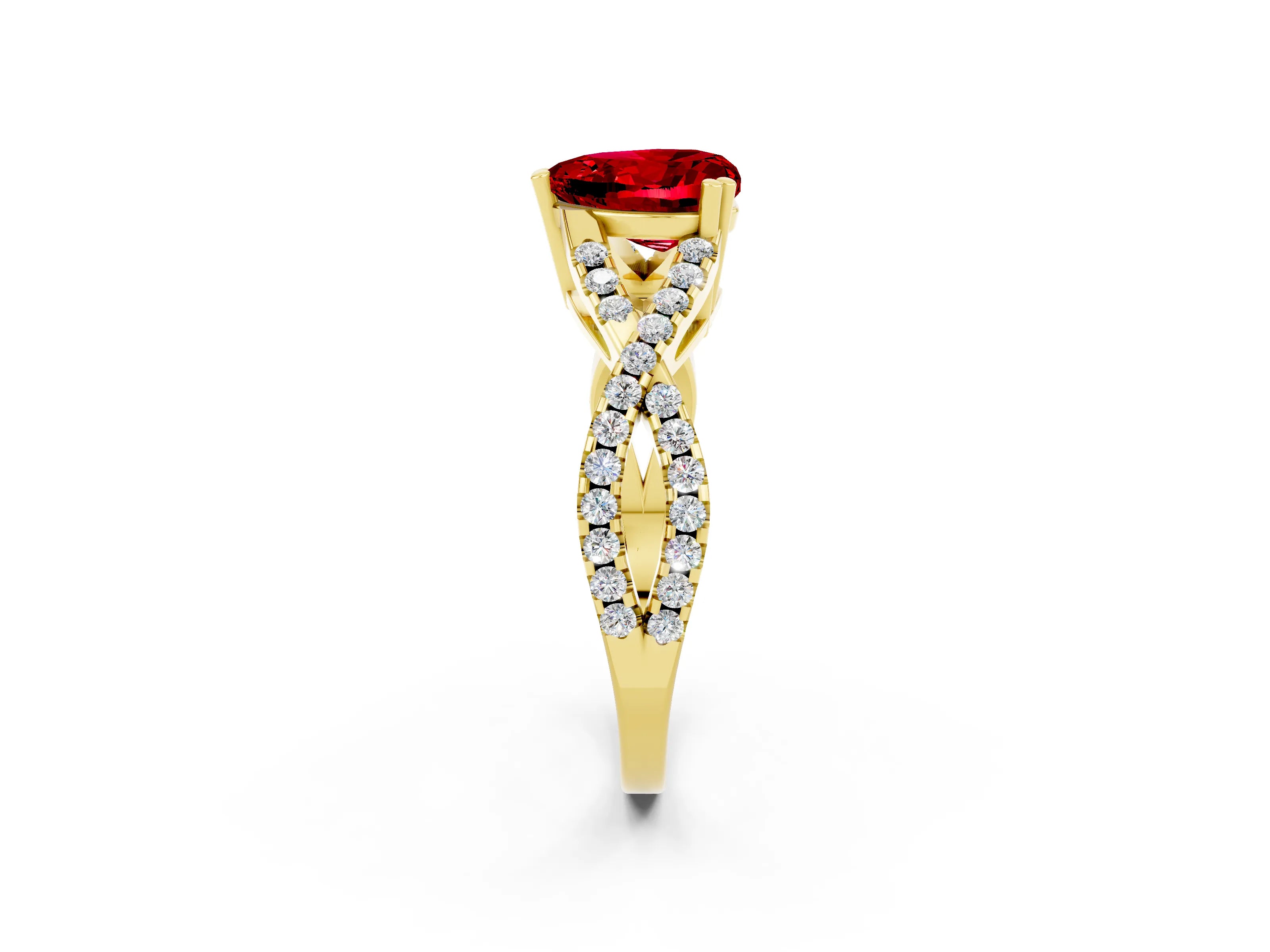 Yellow gold Heart Cut Ruby Solitaire Ring with Four-Prong Setting and Twisted Pavé Band_2
