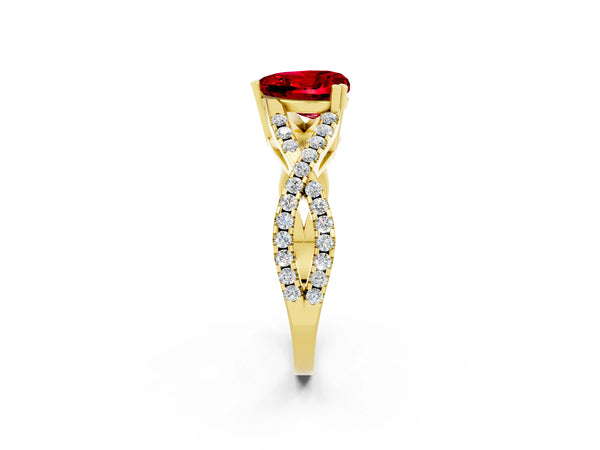 Yellow gold Heart Cut Ruby Solitaire Ring with Four-Prong Setting and Twisted Pavé Band