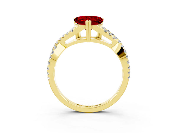 Yellow gold Heart Cut Ruby Solitaire Ring with Four-Prong Setting and Twisted Pavé Band
