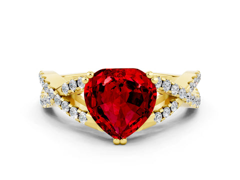 Yellow gold Heart Cut Ruby Solitaire Ring with Four-Prong Setting and Twisted Pavé Band