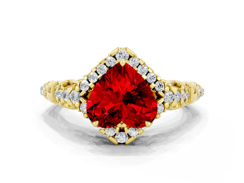 Yellow gold Heart Cut Ruby Solitaire Ring with Hidden Halo and Pavé Band_12