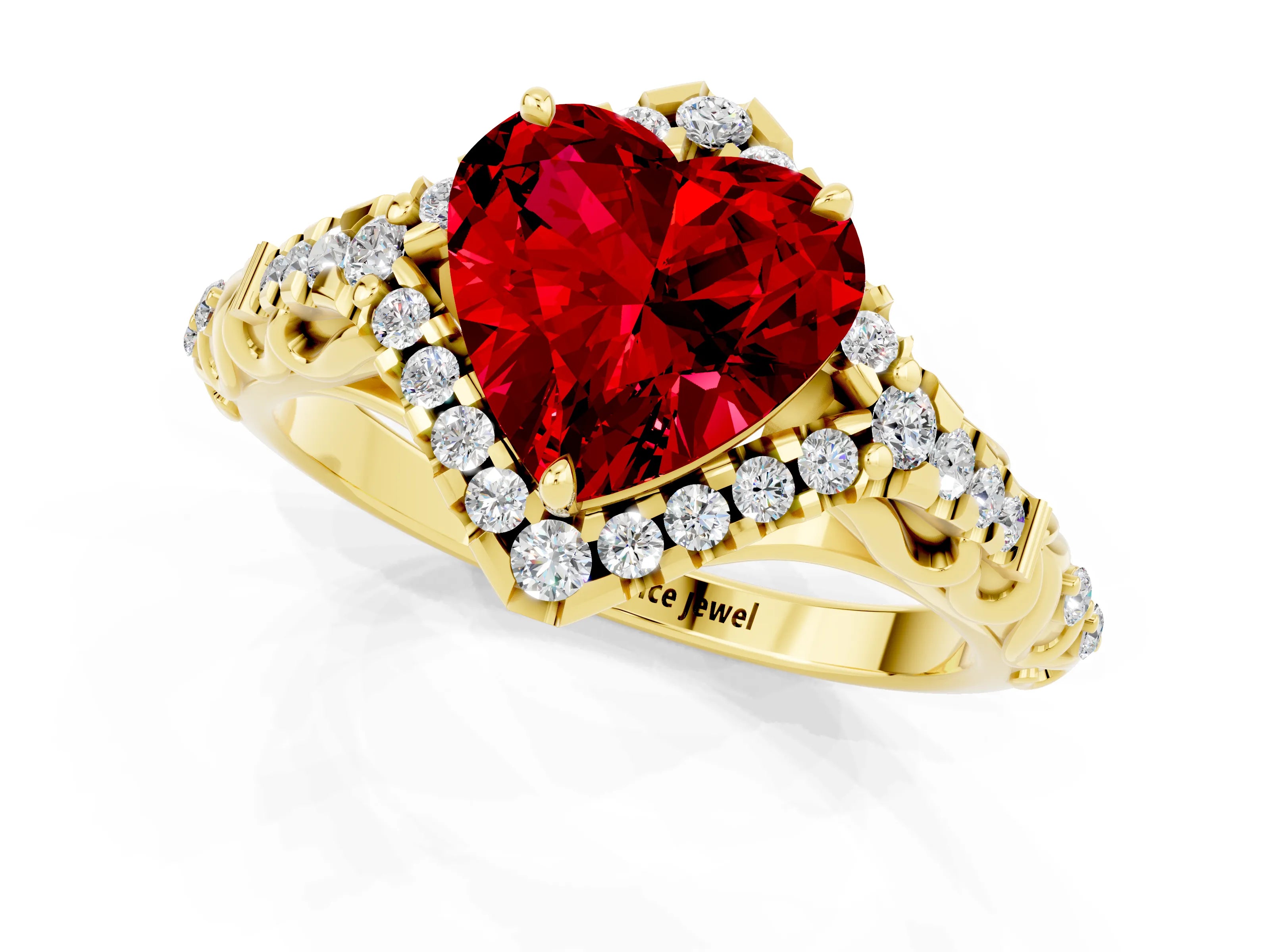 Yellow gold Heart Cut Ruby Solitaire Ring with Hidden Halo and Pavé Band_13