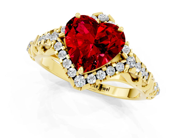 Yellow gold Heart Cut Ruby Solitaire Ring with Hidden Halo and Pavé Band