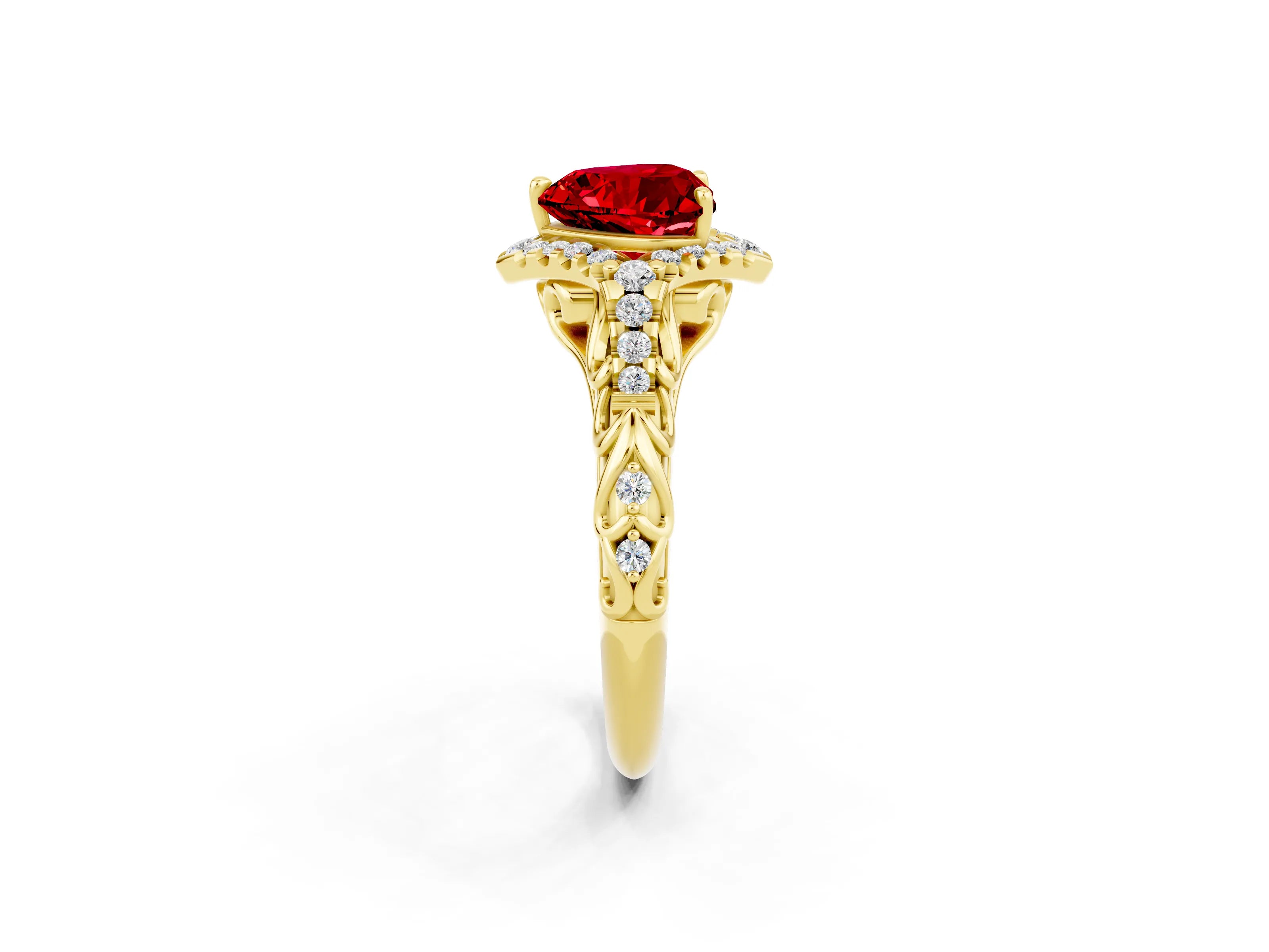 Yellow gold Heart Cut Ruby Solitaire Ring with Hidden Halo and Pavé Band_14