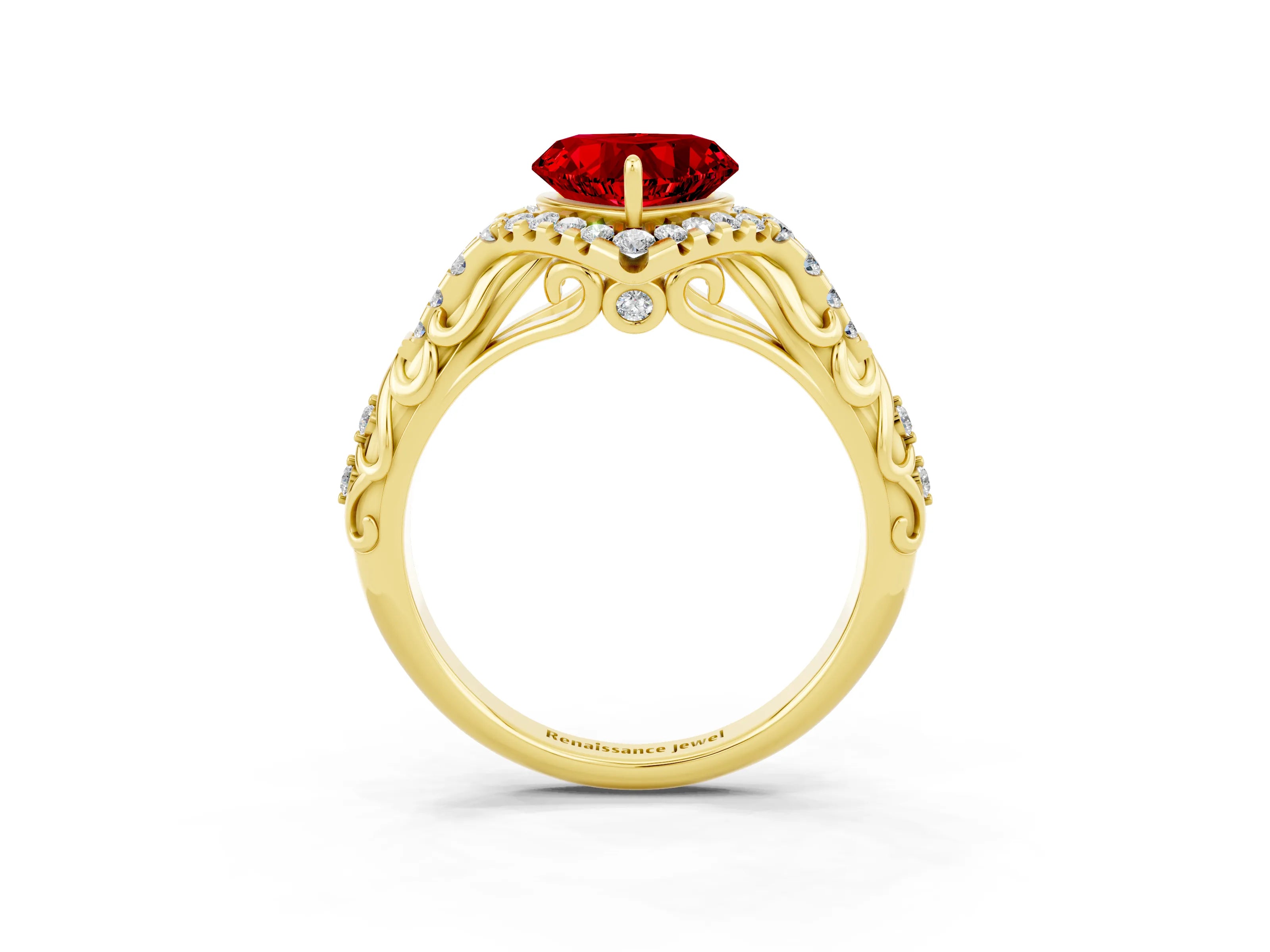Yellow gold Heart Cut Ruby Solitaire Ring with Hidden Halo and Pavé Band_15