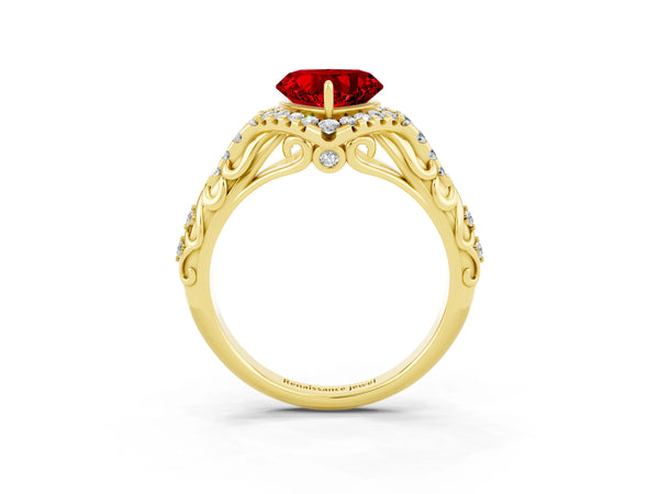 Yellow gold Heart Cut Ruby Solitaire Ring with Hidden Halo and Pavé Band