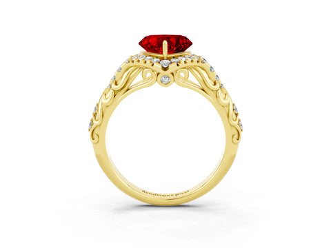 Yellow gold Heart Cut Ruby Solitaire Ring with Hidden Halo and Pavé Band_15