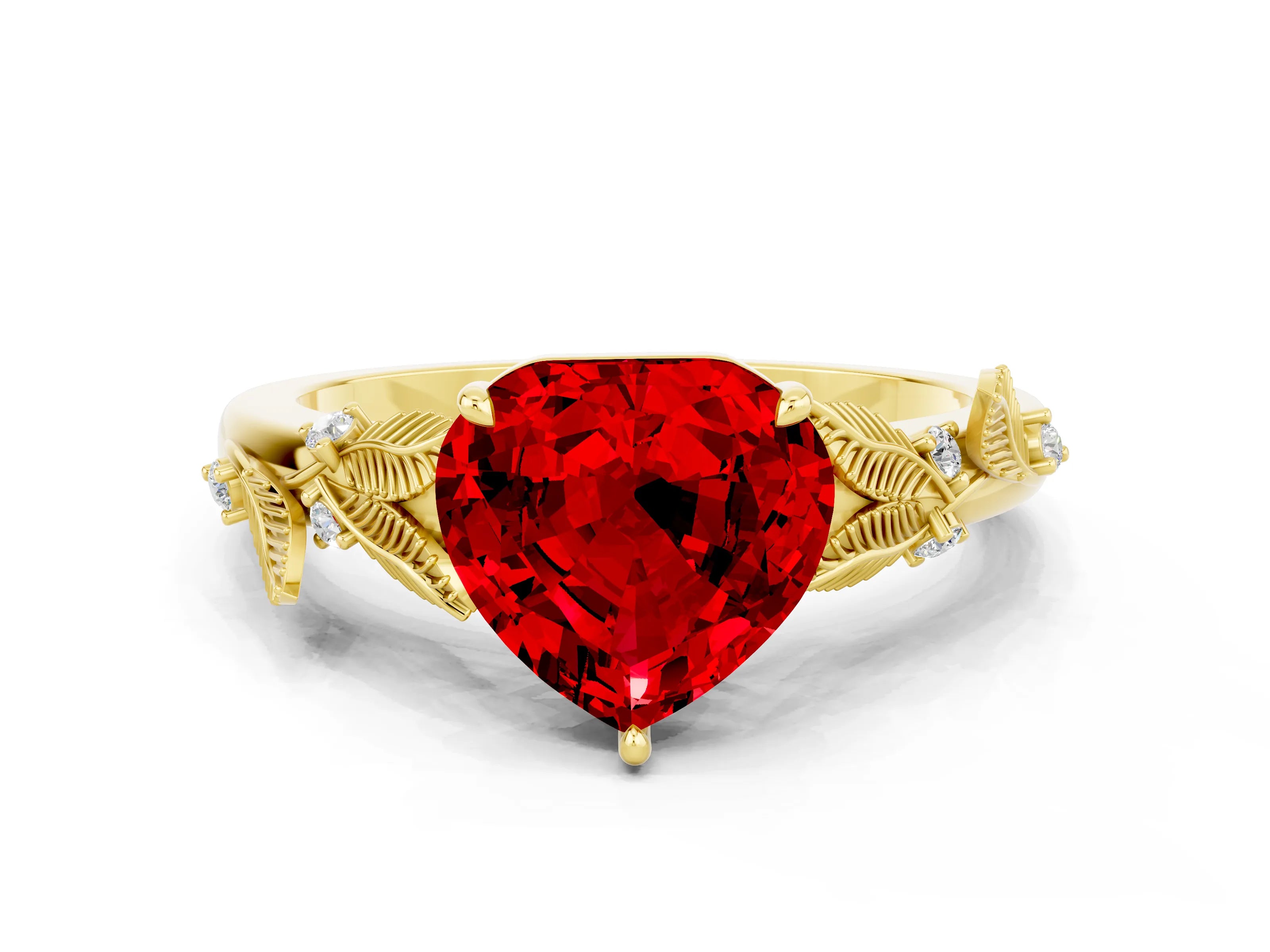 Yellow gold Heart Cut Ruby Solitaire Ring with Leaf Motif Band and Four-Prong Setting