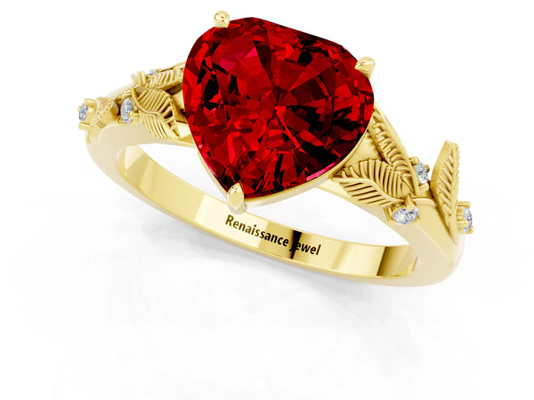 Yellow gold Heart Cut Ruby Solitaire Ring with Leaf Motif Band and Four-Prong Setting