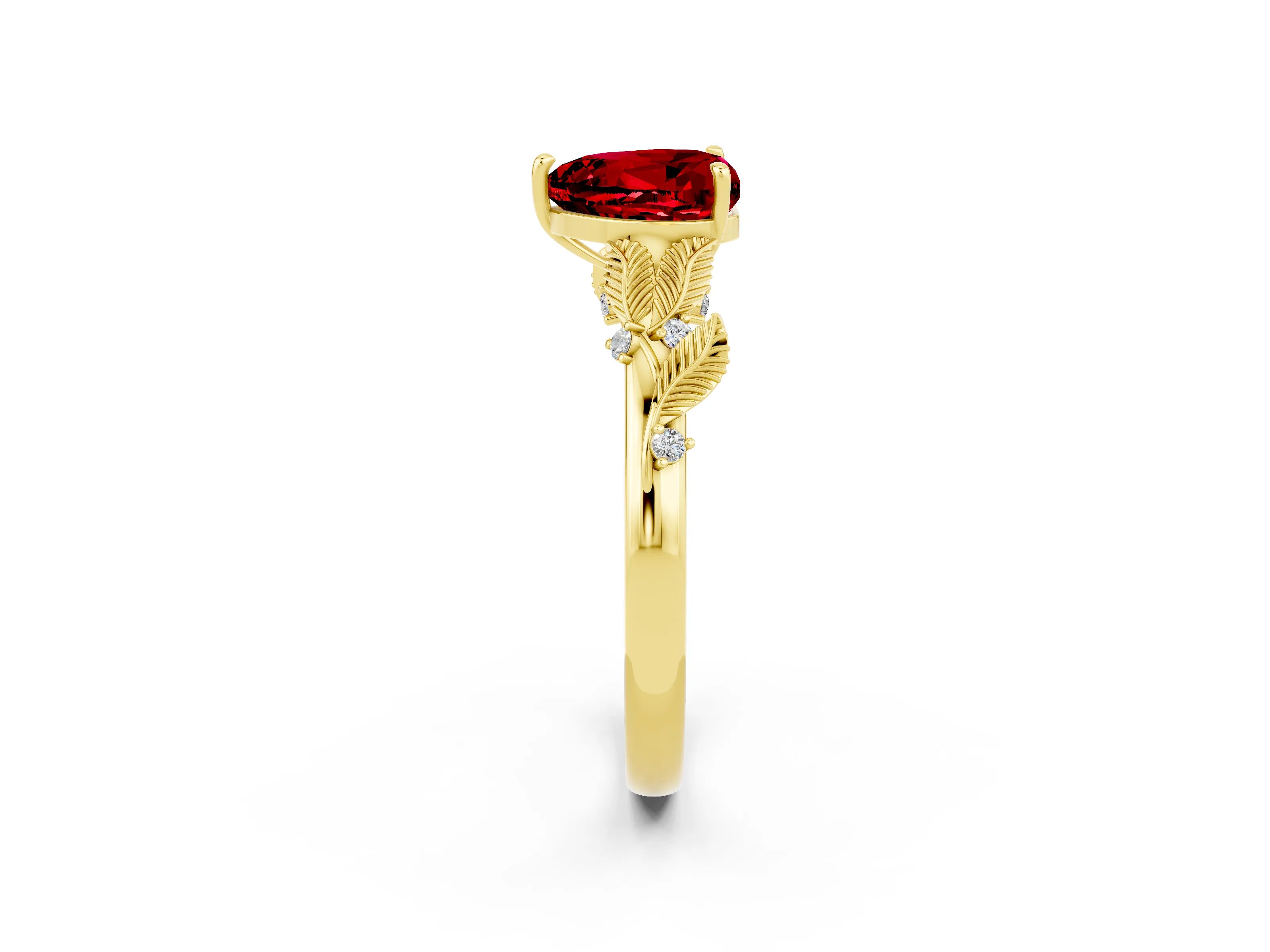 Yellow gold Heart Cut Ruby Solitaire Ring with Leaf Motif Band and Four-Prong Setting_2