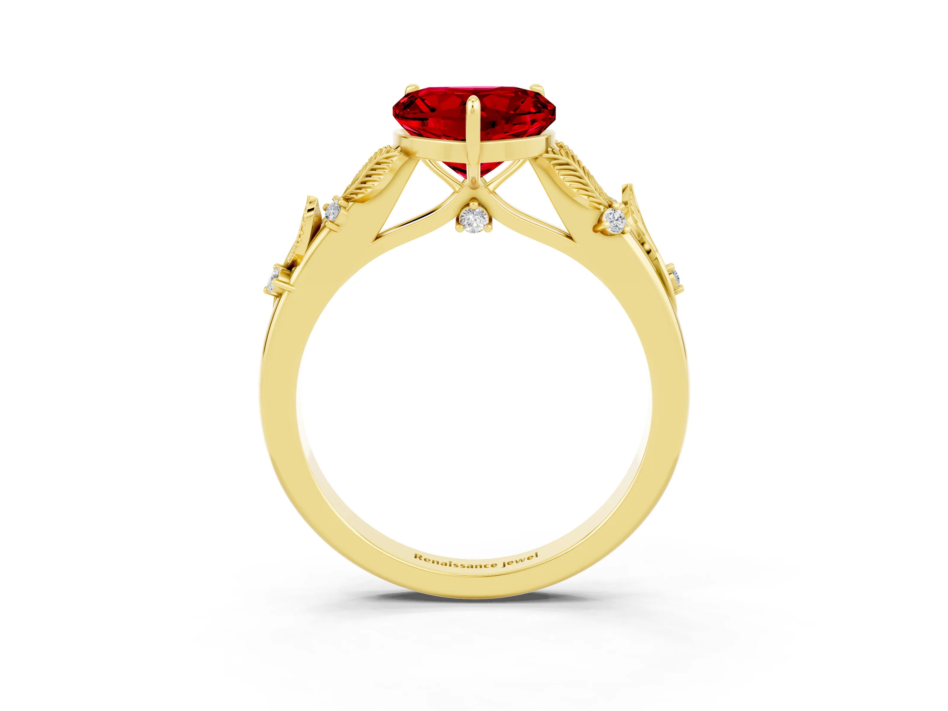 Yellow gold Heart Cut Ruby Solitaire Ring with Leaf Motif Band and Four-Prong Setting_3