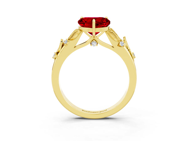 Yellow gold Heart Cut Ruby Solitaire Ring with Leaf Motif Band and Four-Prong Setting