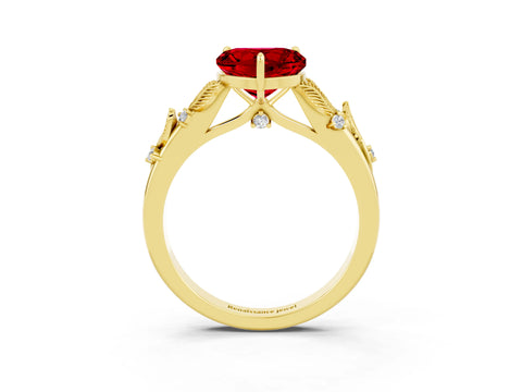 Yellow gold Heart Cut Ruby Solitaire Ring with Leaf Motif Band and Four-Prong Setting_3