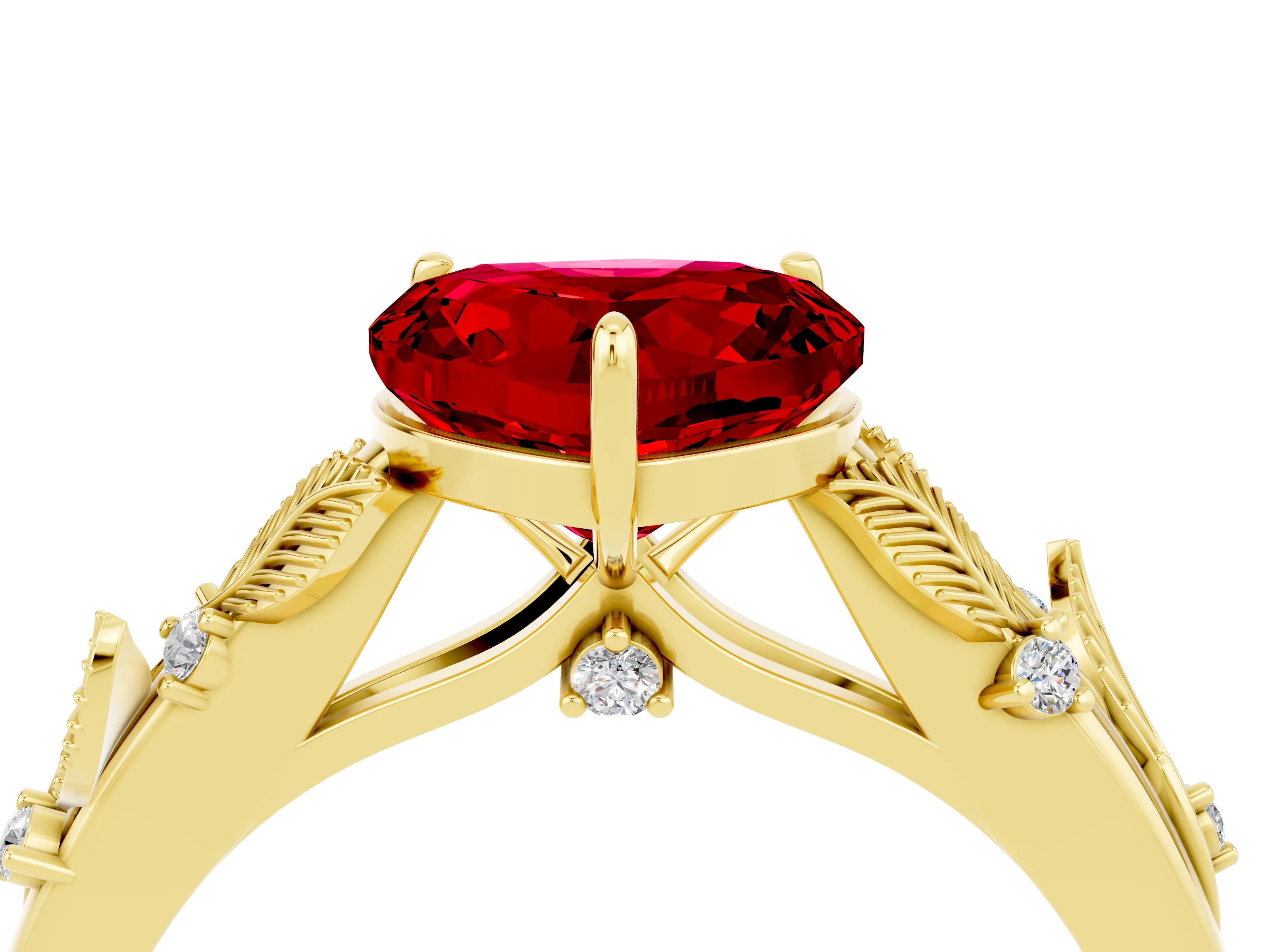 Yellow gold Heart Cut Ruby Solitaire Ring with Leaf Motif Band and Four-Prong Setting_4