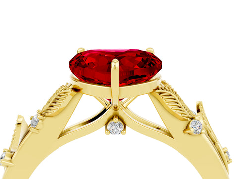 Yellow gold Heart Cut Ruby Solitaire Ring with Leaf Motif Band and Four-Prong Setting_4
