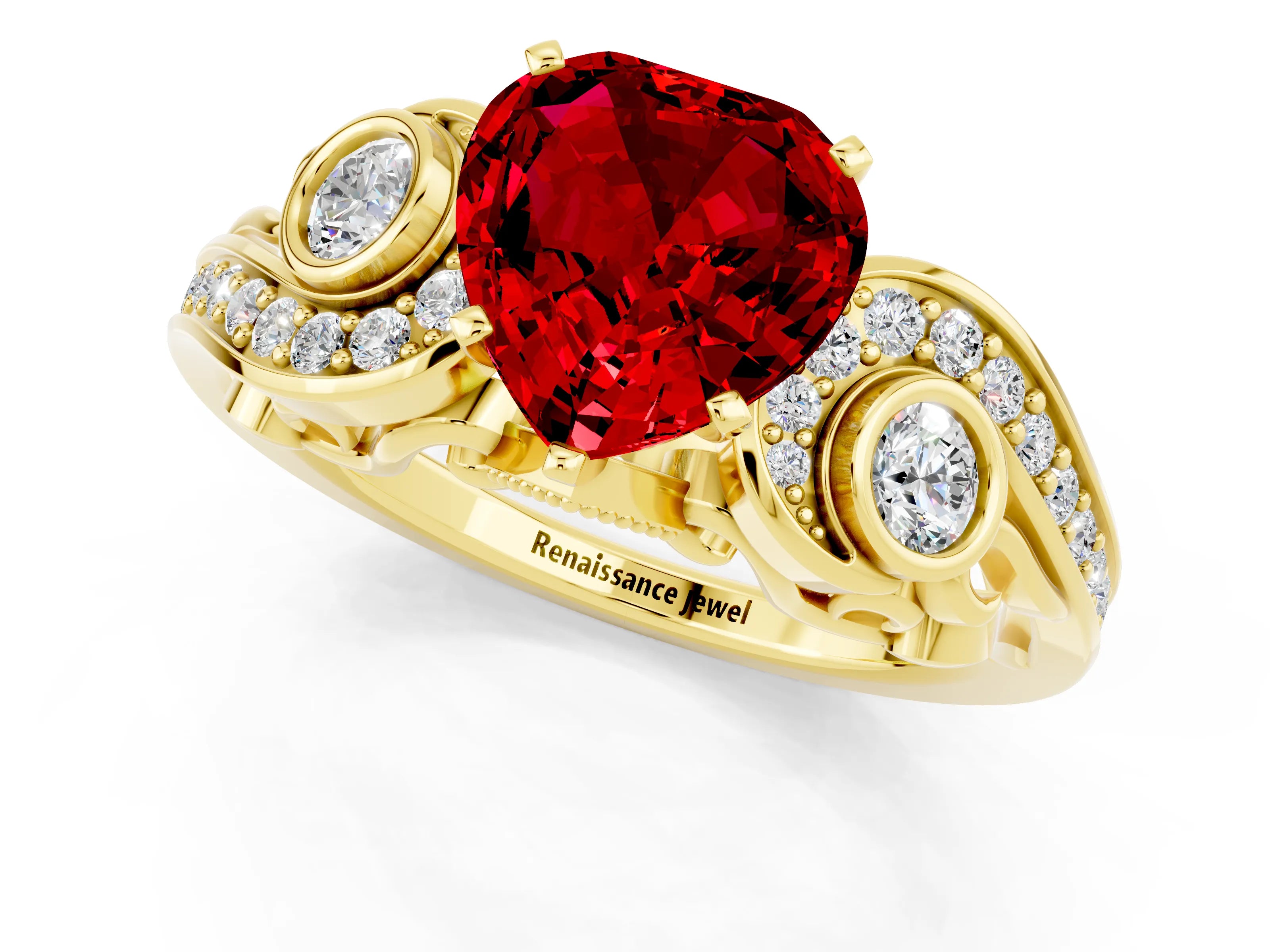 Yellow gold Heart Cut Ruby Solitaire Ring with Milgrain Pavé Band and Four-Prong Setting_25