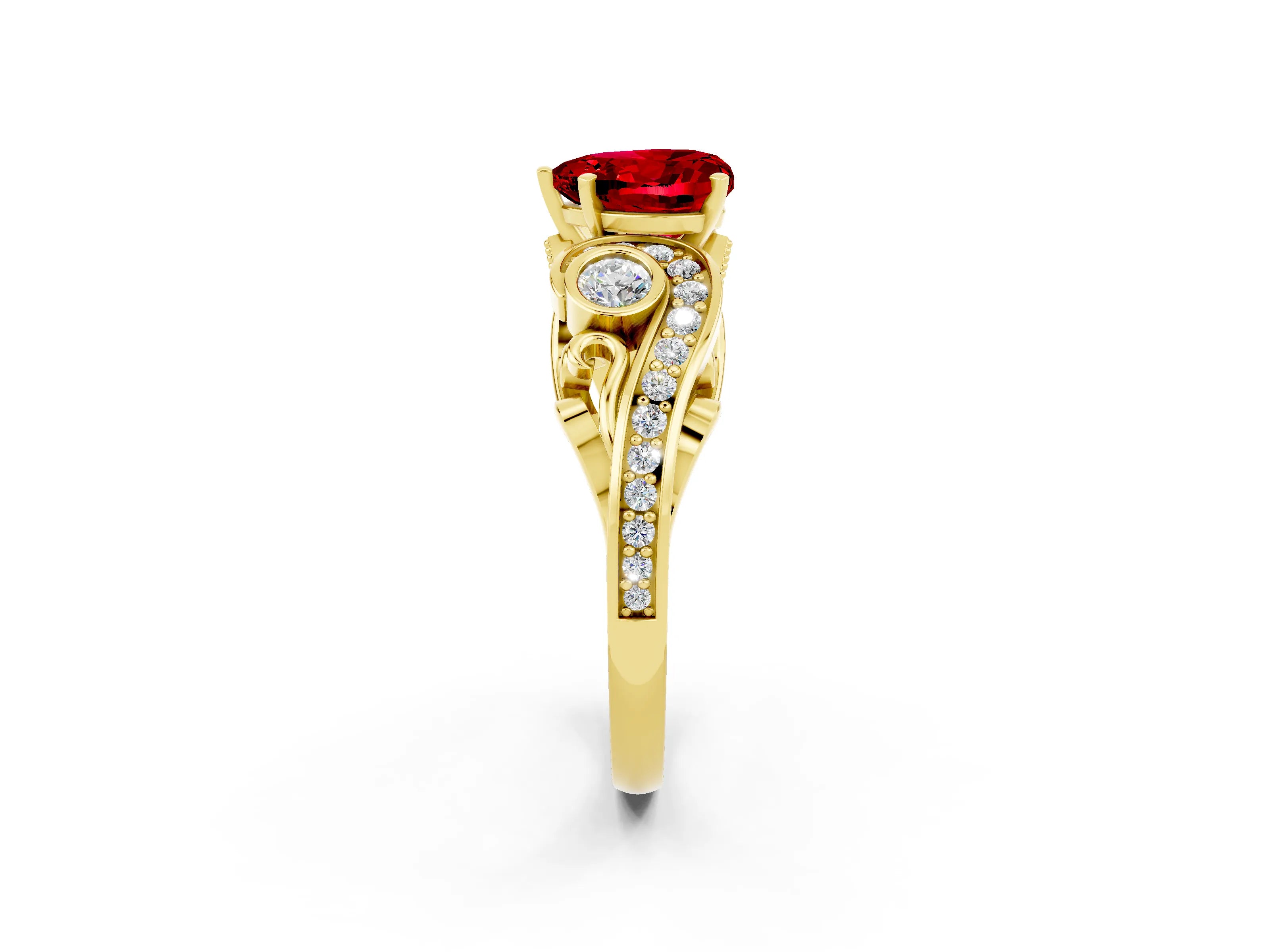 Yellow gold Heart Cut Ruby Solitaire Ring with Milgrain Pavé Band and Four-Prong Setting_26