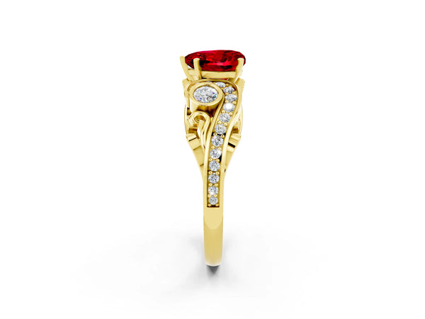 Yellow gold Heart Cut Ruby Solitaire Ring with Milgrain Pavé Band and Four-Prong Setting