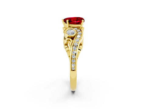 Yellow gold Heart Cut Ruby Solitaire Ring with Milgrain Pavé Band and Four-Prong Setting_26