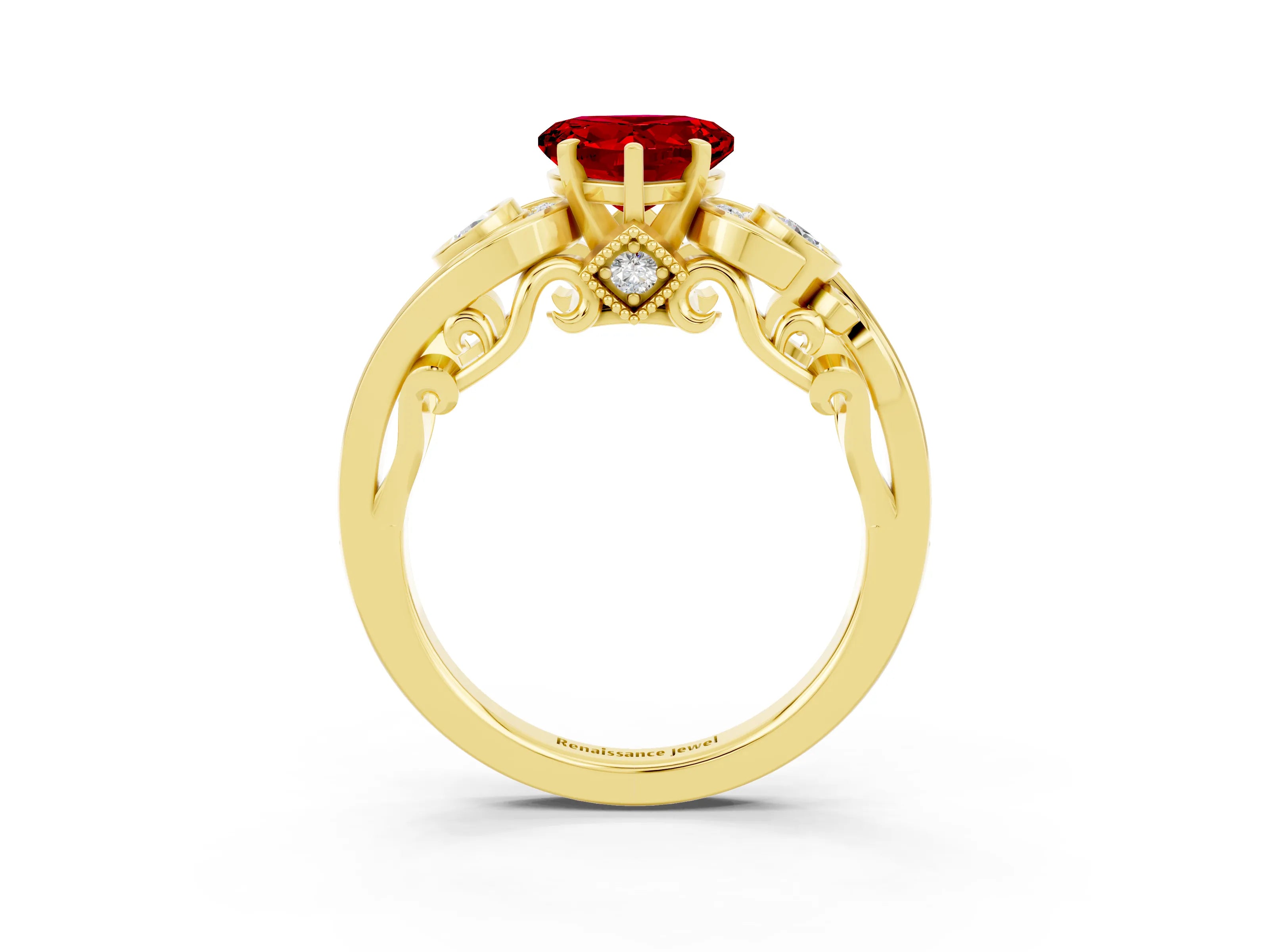 Yellow gold Heart Cut Ruby Solitaire Ring with Milgrain Pavé Band and Four-Prong Setting_27